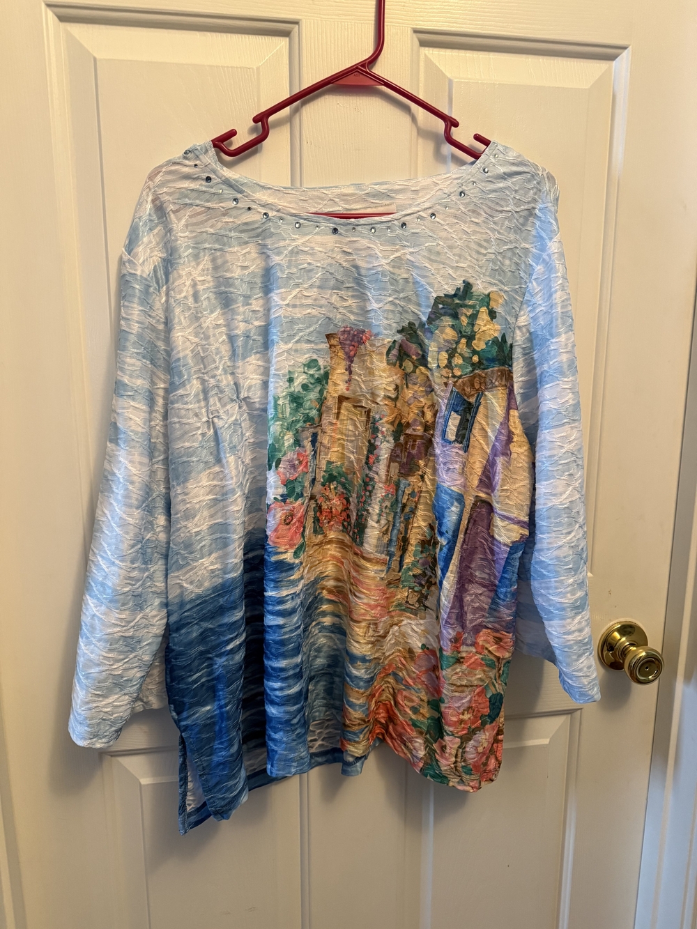 Alfred Dunner Light Blue Multicolor Coastal Scene Tunic